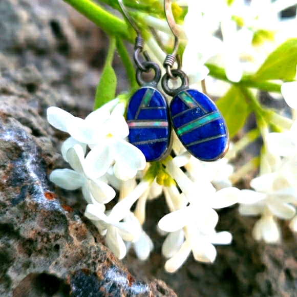 Vtg Genuine Lapis Opal Mosaic Silver Drop Earrings - Picture 12 of 16